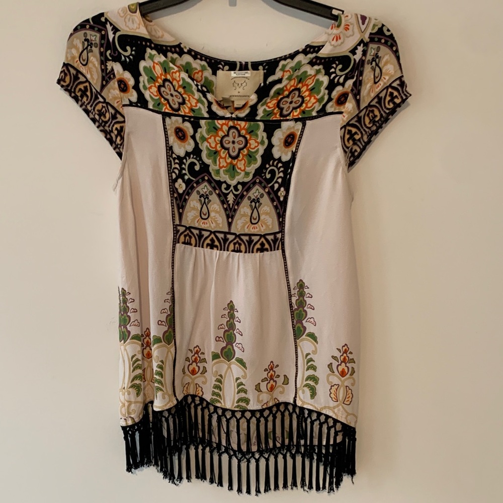 Anthropologie White Tunic with Black Fringe tapestry pattern  XS NWOT